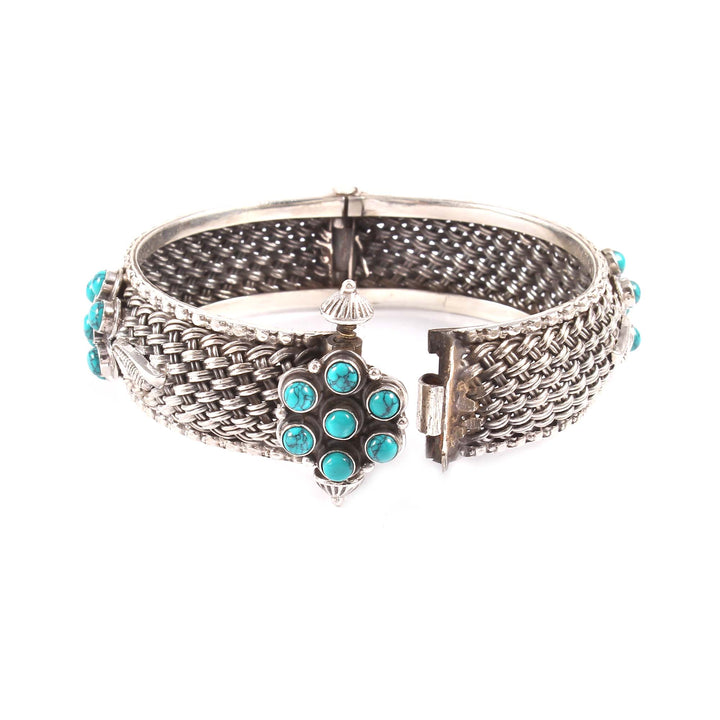 Silver Floral Firoza Stone Kada Bangle