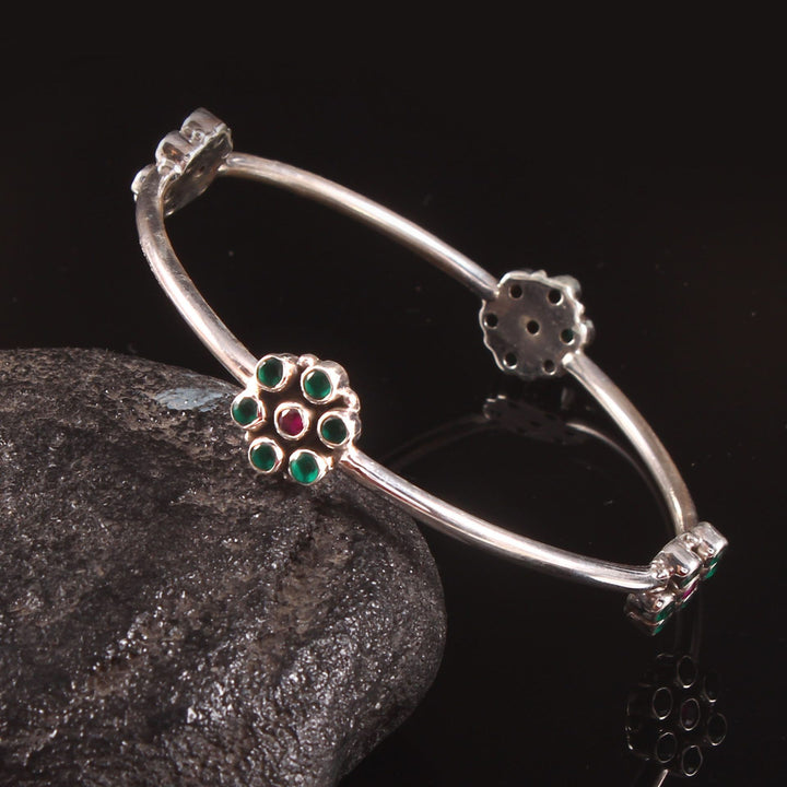 Silver Floral Design, Green Stone Classic Bangle