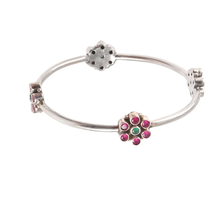 Silver Floral Design, Pink Stone Classic Bangle