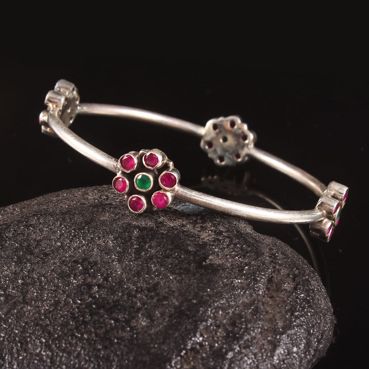 Silver Floral Design, Pink Stone Classic Bangle