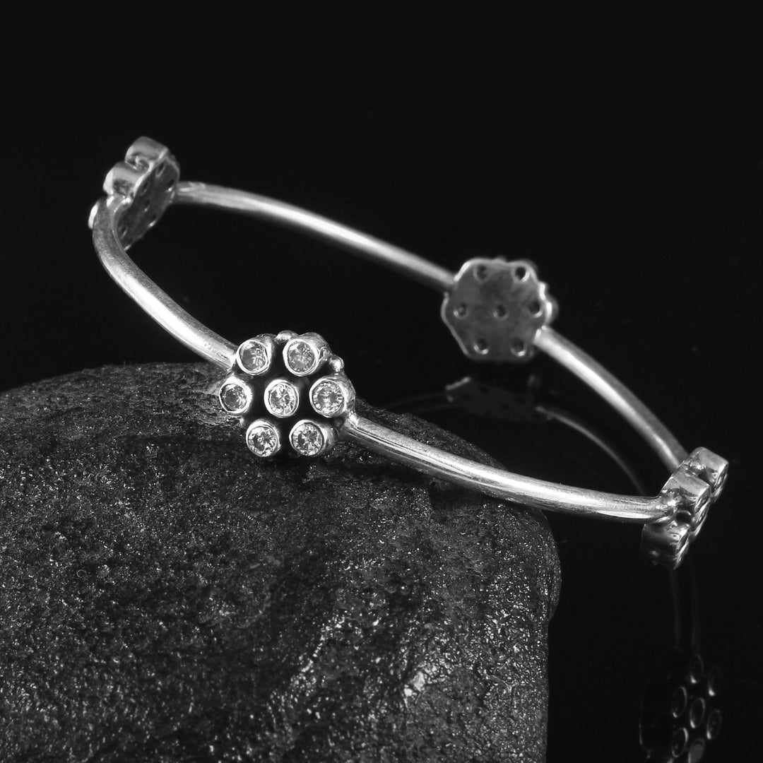 Silver Floral Design, Zircon Stone Classic Bangle