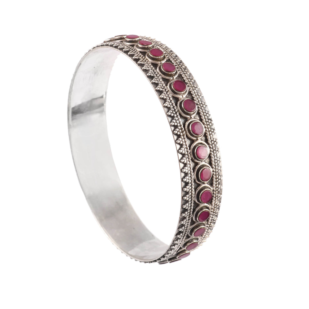 Silver Oxidized Pink Cut-Stones Kada Bangle