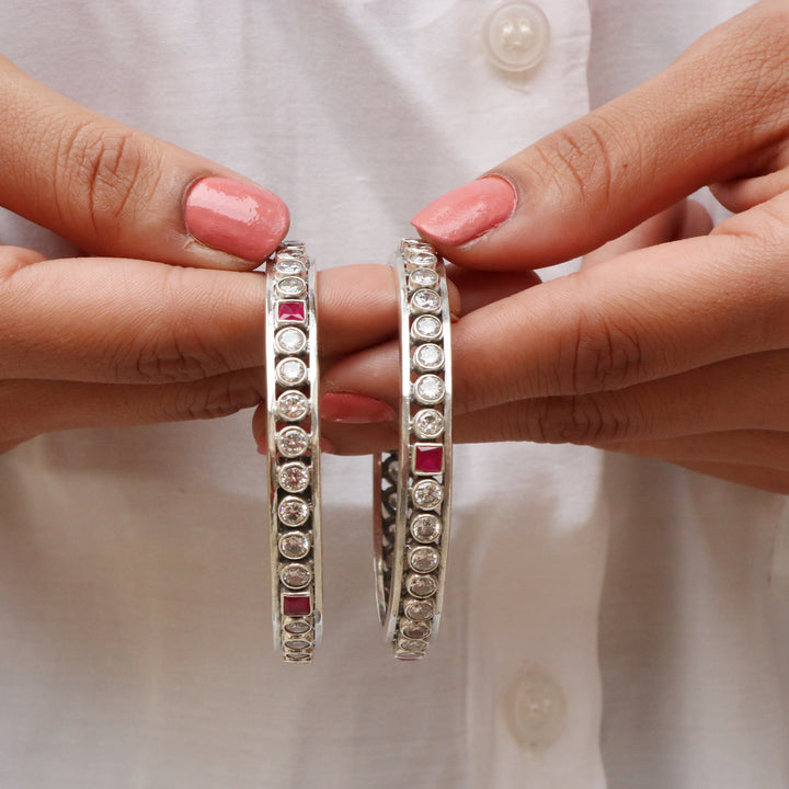 Silver Pink & White Cut-Stones Kada Bangles