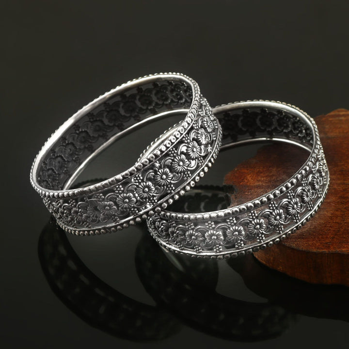 Silver Oxidized Floral Kada Bangle