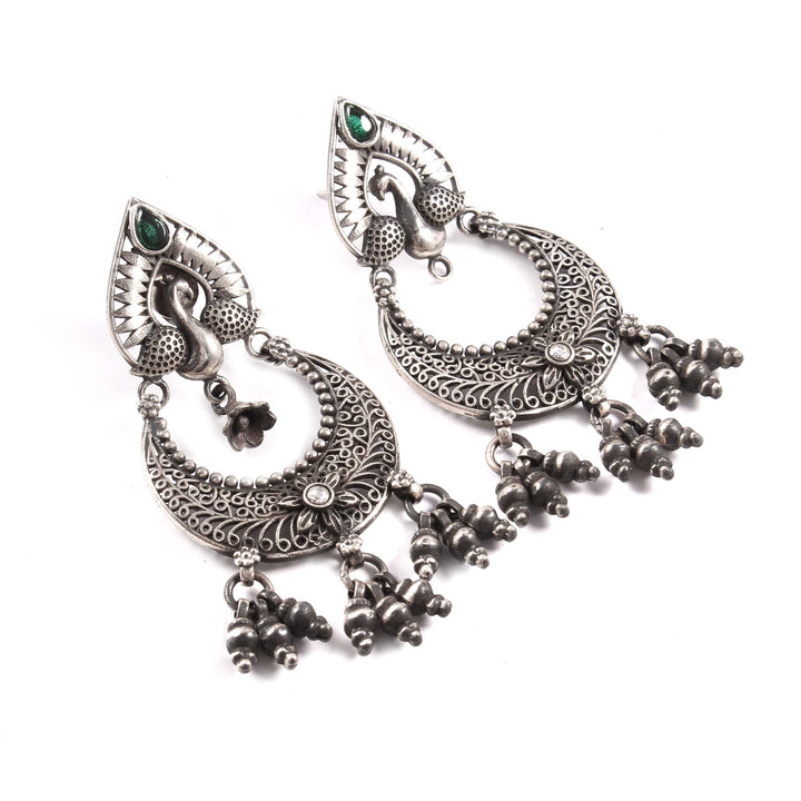 Silver Tear-Drop Peacock Stud Earrings