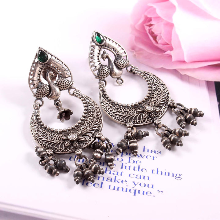 Silver Tear-Drop Peacock Stud Earrings