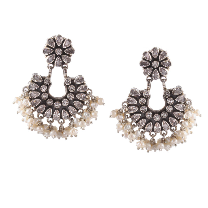 Silver Floral Design Chand-bali Stud Earrings