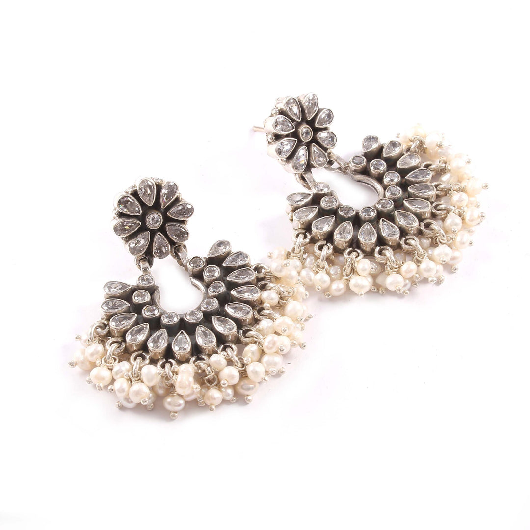 Silver Floral Design Chand-bali Stud Earrings