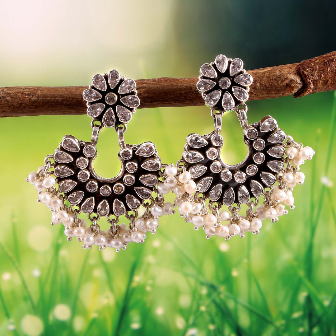 Silver Floral Design Chand-bali Stud Earrings