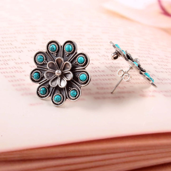 Silver Turquoise Floral Ear Studs