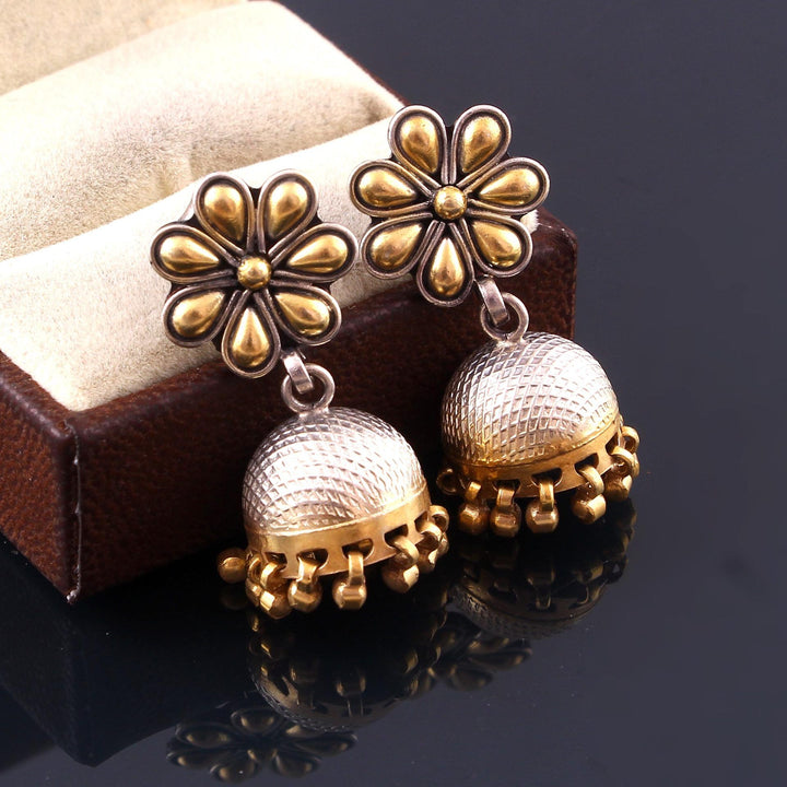 Silver Gold Plated, Adorable Floral, Stud Jhumki with Ghungroo