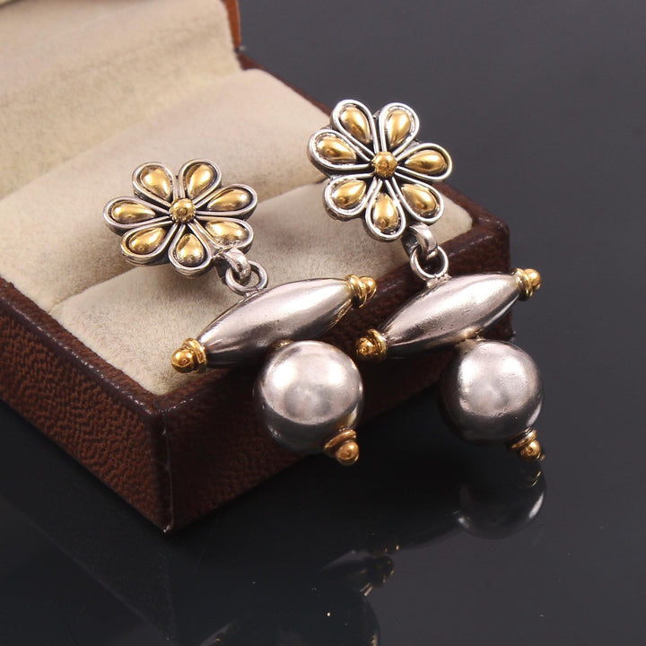 Silver Gold Plated, Floral with Beads Ear Studs