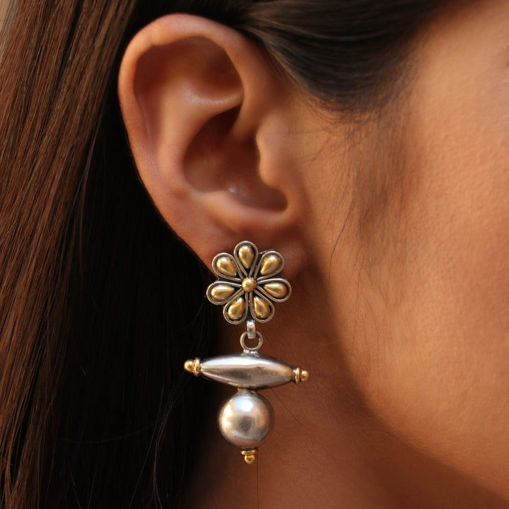 Silver Gold Plated, Floral with Beads Ear Studs