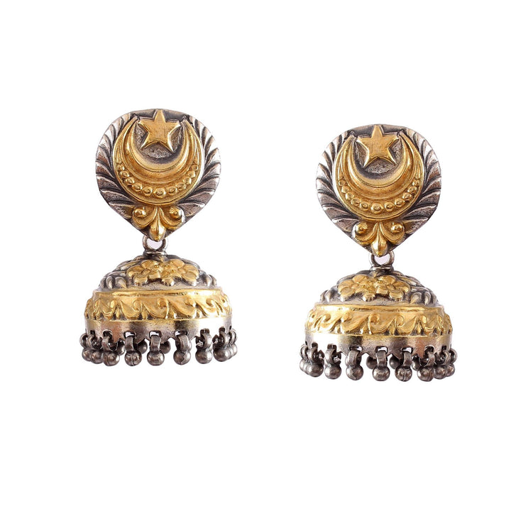 Silver Gold Plated, Moon & Star Design, Stud Earrings with Ghungroo