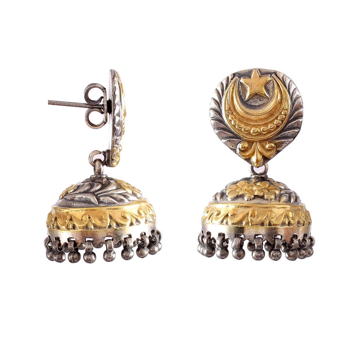 Silver Gold Plated, Moon & Star Design, Stud Earrings with Ghungroo