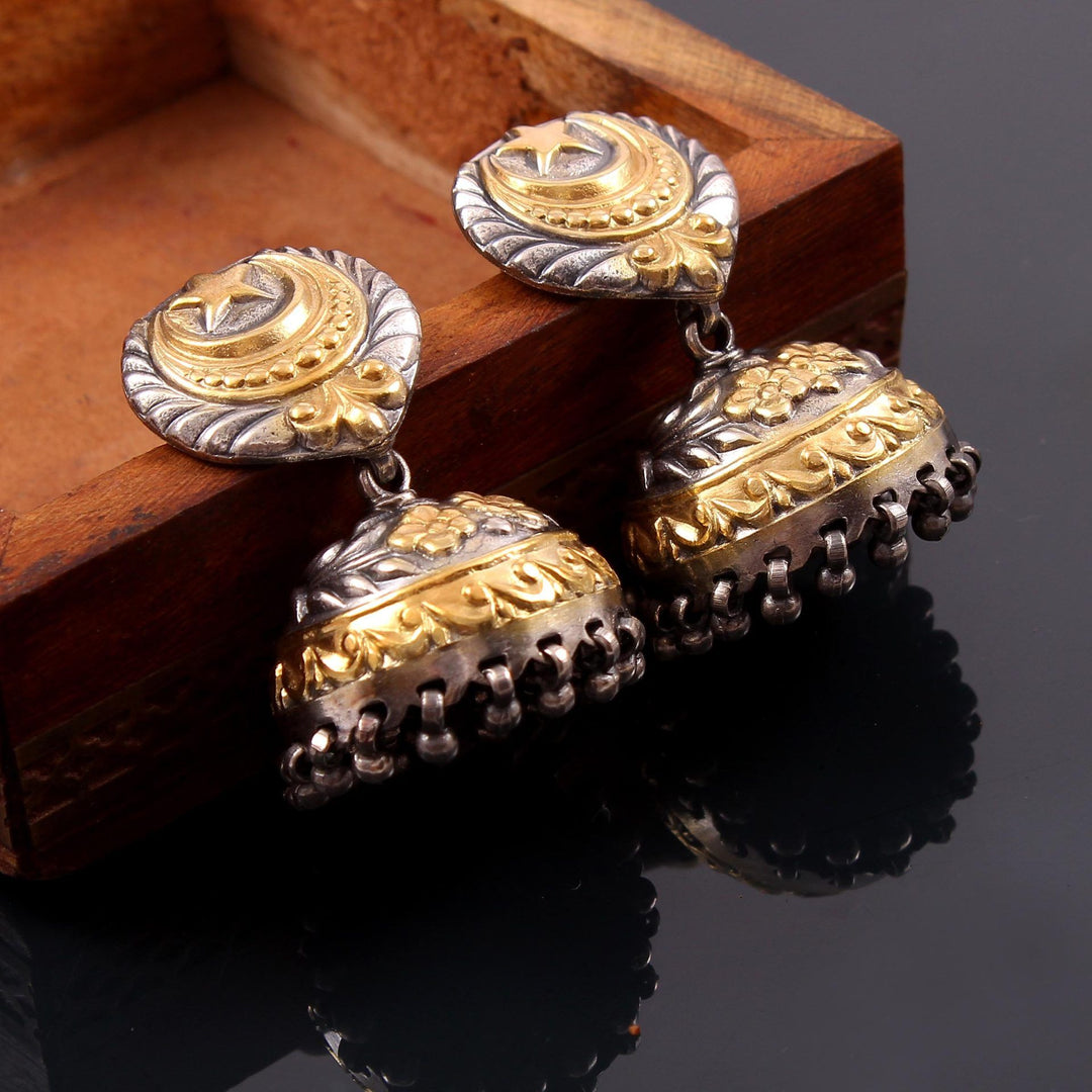 Silver Gold Plated, Moon & Star Design, Stud Earrings with Ghungroo