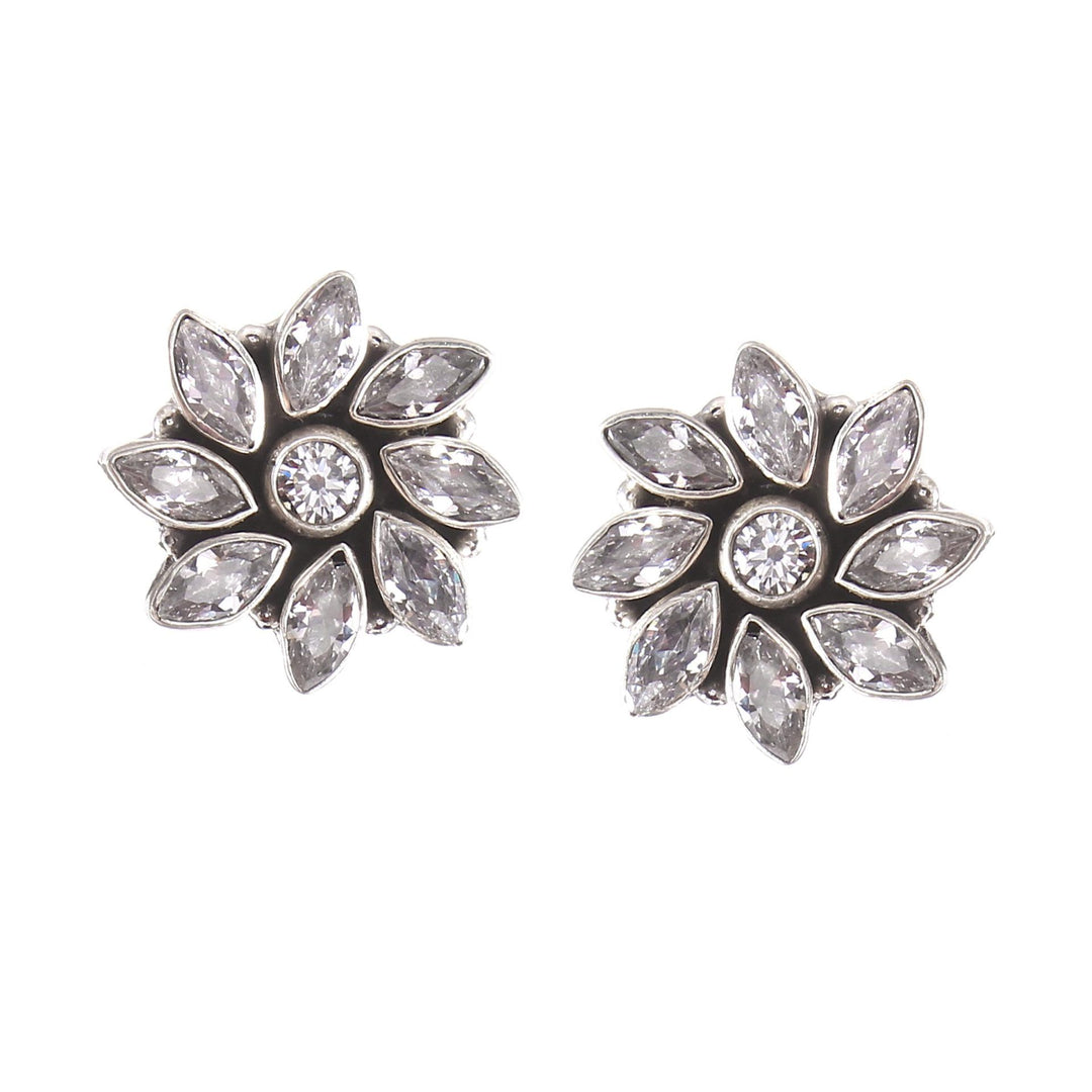 Silver Floral, Embellished Zircon Stone Ear Studs