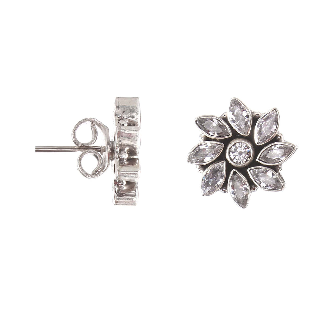 Silver Floral, Embellished Zircon Stone Ear Studs
