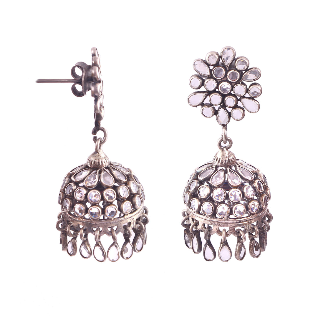 Silver Adorable Jhumki, Embellished White Checker Gemstone Earring