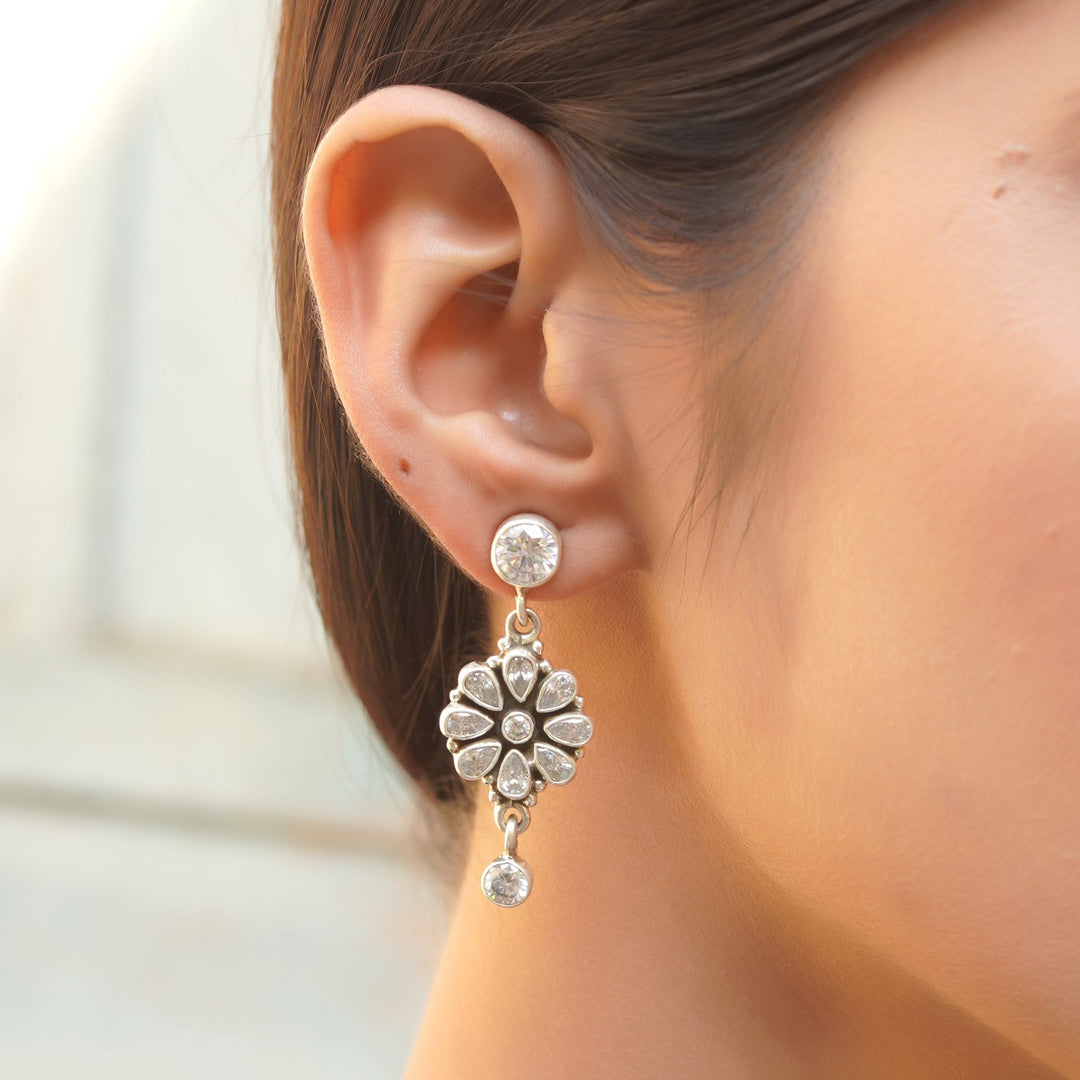 Silver Floral Design, CZ's Ear Studs