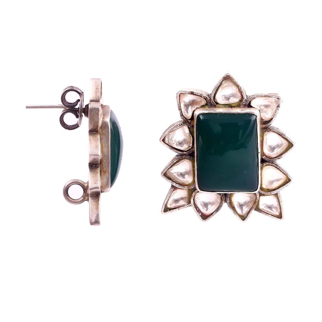 Silver Adorable Floral Ear Stud, Embellished Kundan & Emerald Gemstone