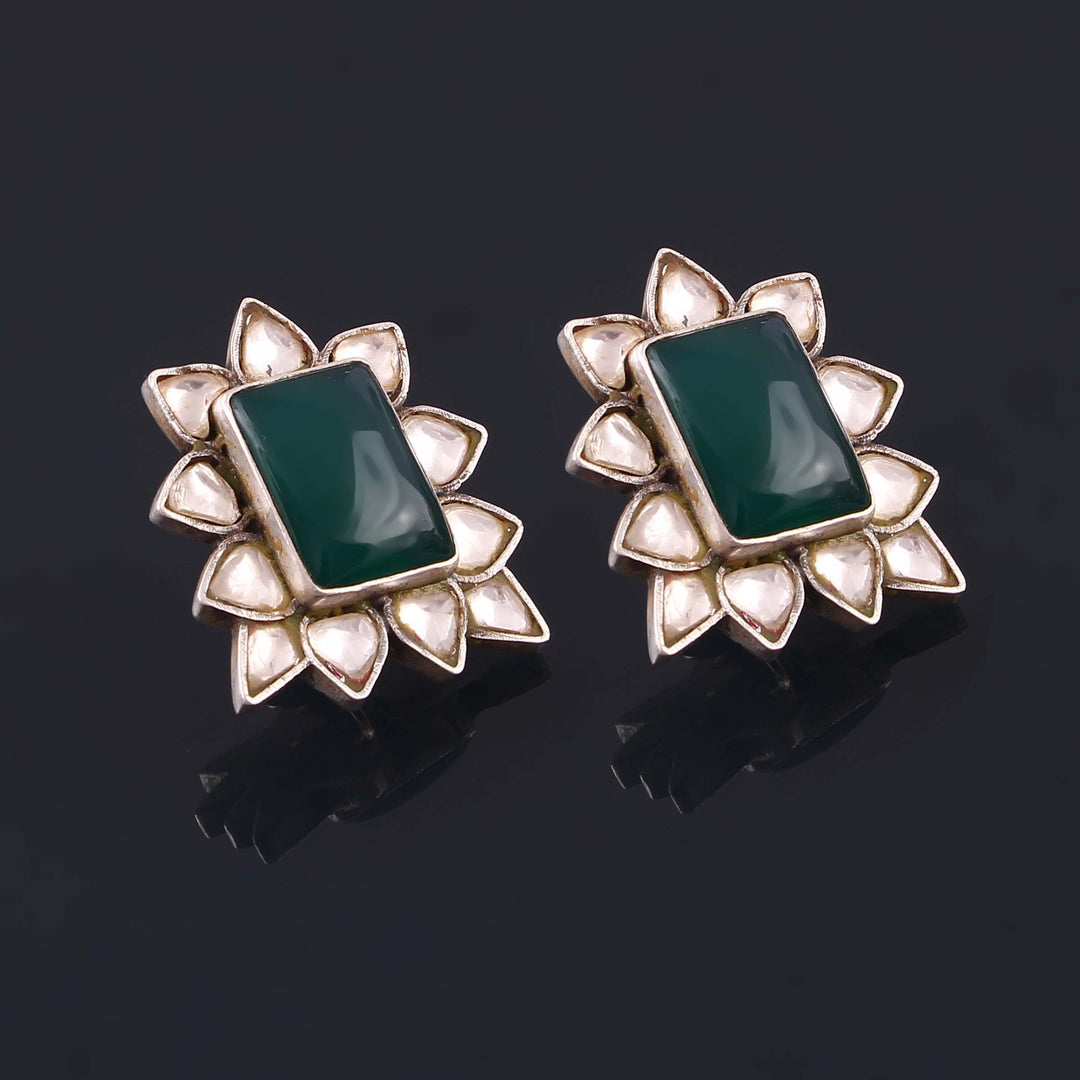 Silver Adorable Floral Ear Stud, Embellished Kundan & Emerald Gemstone