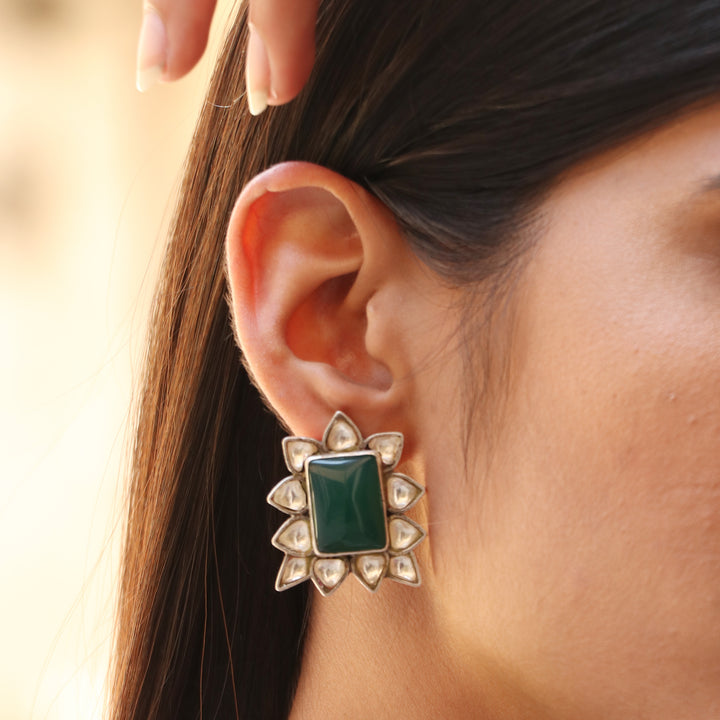 Silver Adorable Floral Ear Stud, Embellished Kundan & Emerald Gemstone