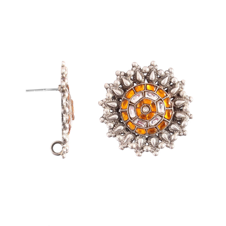 Silver Kundan & Yellow Floral Statement Rawa Stud Earrings