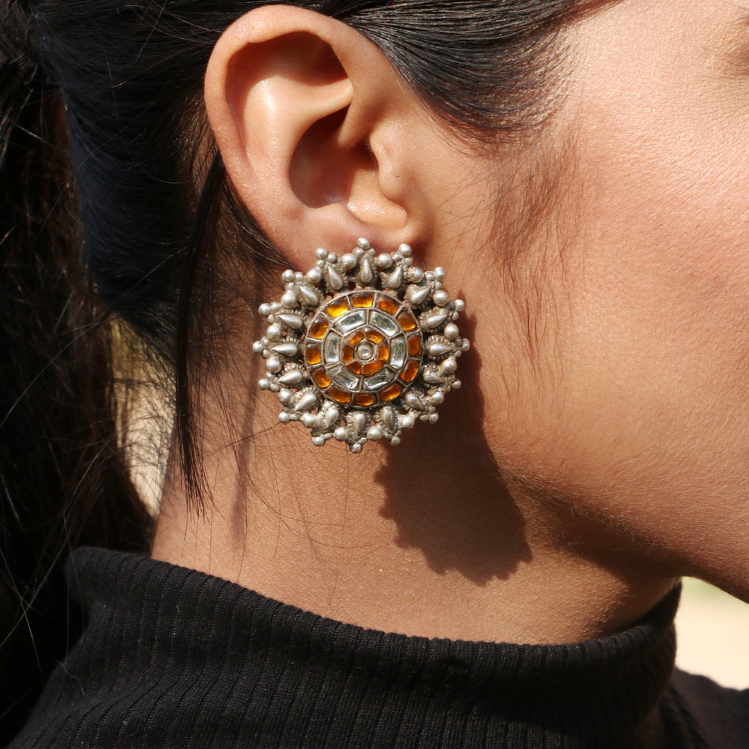 Silver Kundan & Yellow Floral Statement Rawa Stud Earrings