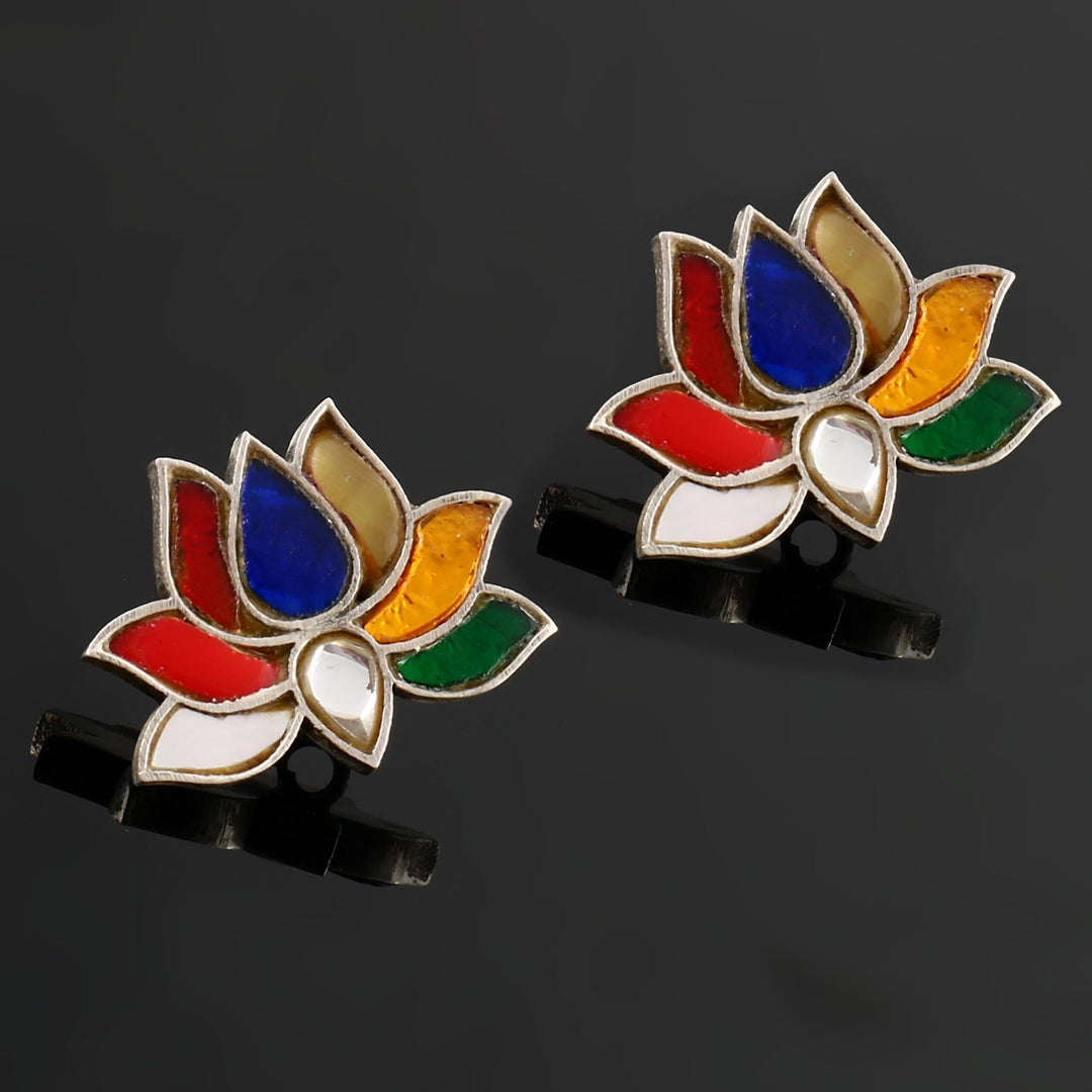 Silver Lotus Rainbow Color Stud Earrings
