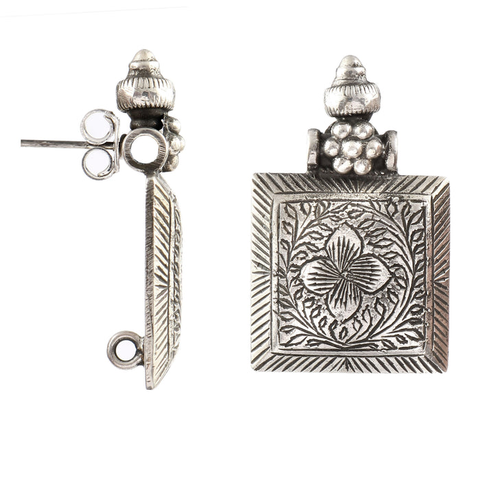 Silver Floral Square Statement Stud Earrings