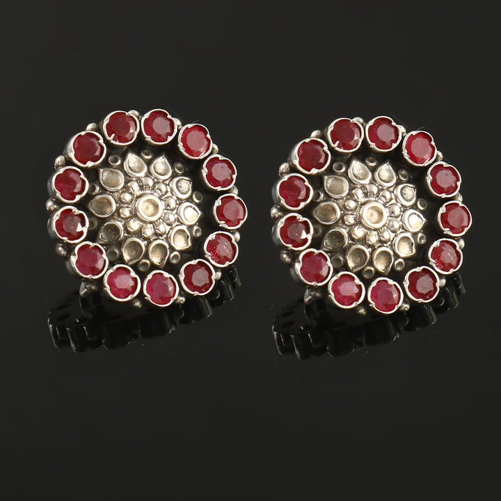 Silver Floral Ruby Adorable Ear Studs