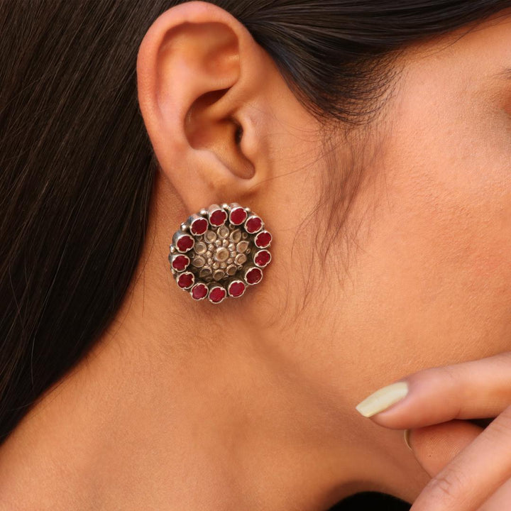 Silver Floral Ruby Adorable Ear Studs