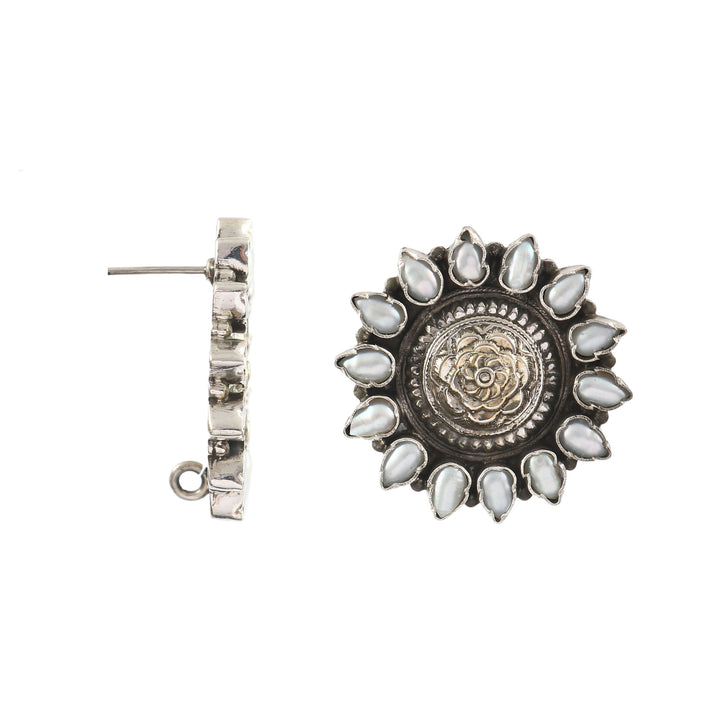 Silver Oxidized Floral Pearl Ear Studs