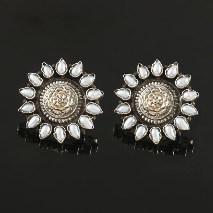 Silver Oxidized Floral Pearl Ear Studs
