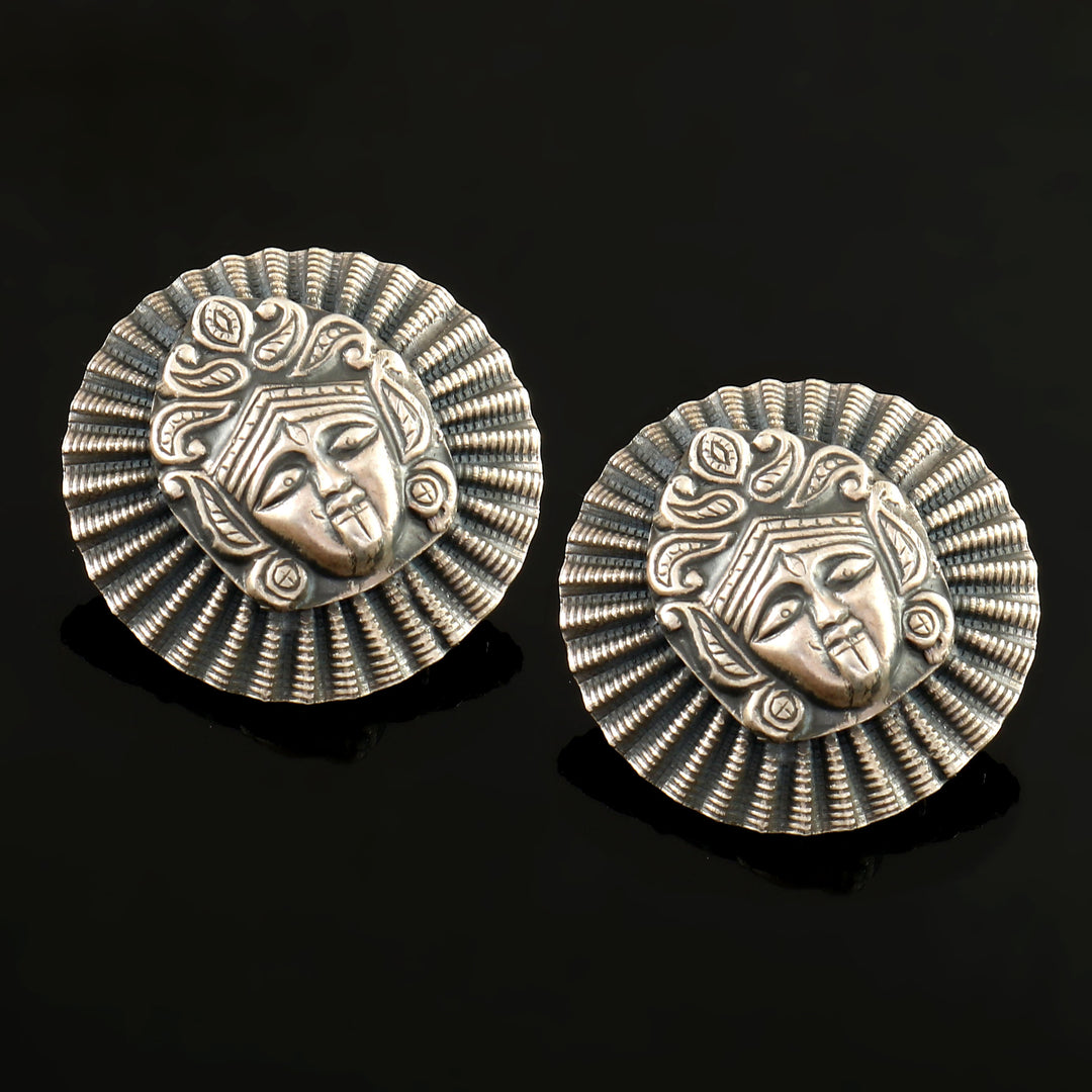 Silver Oxidized Statement Temple Stud Earrings