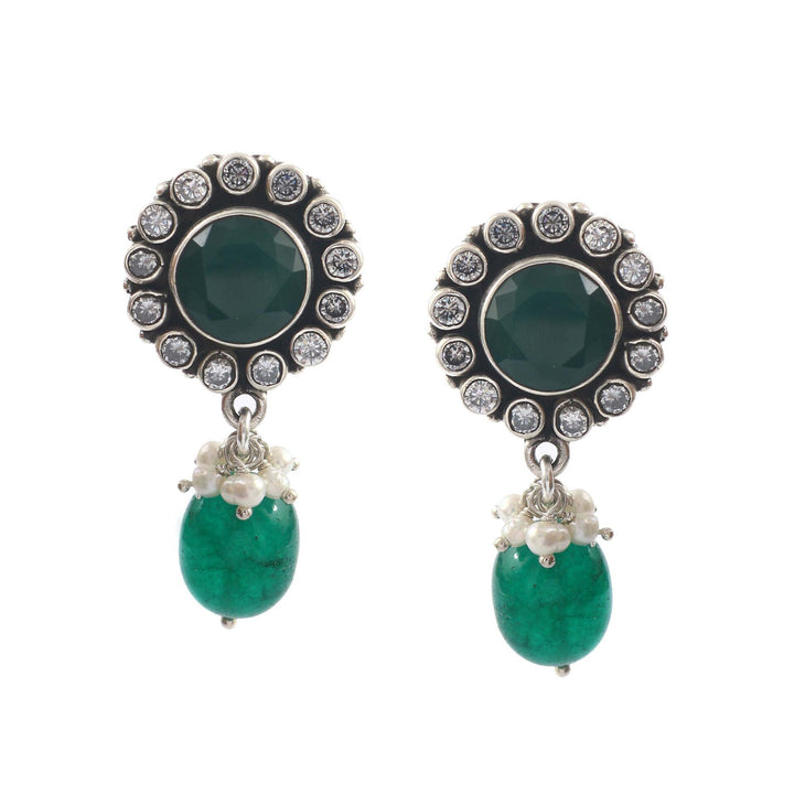 Silver Green & White Stone Stud Earrings