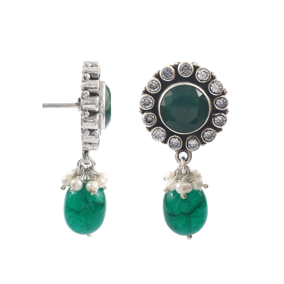 Silver Green & White Stone Stud Earrings