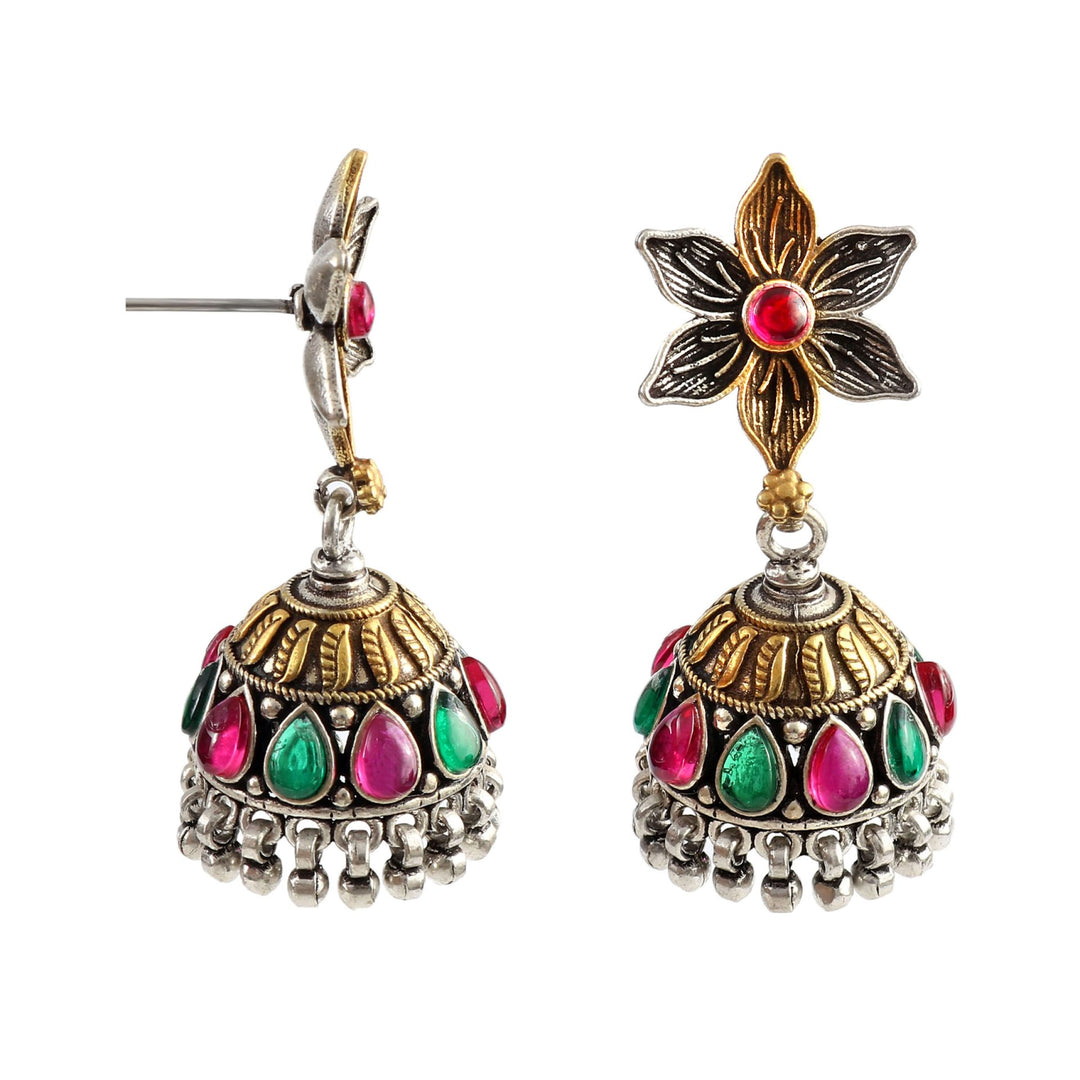 Gold Plated Oxidized Silver, Floral Stud Jhumki