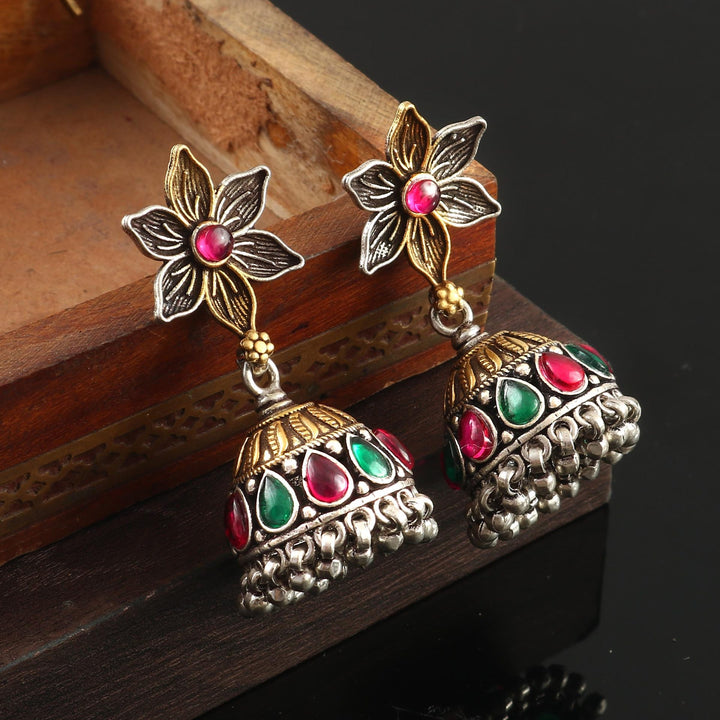 Gold Plated Oxidized Silver, Floral Stud Jhumki