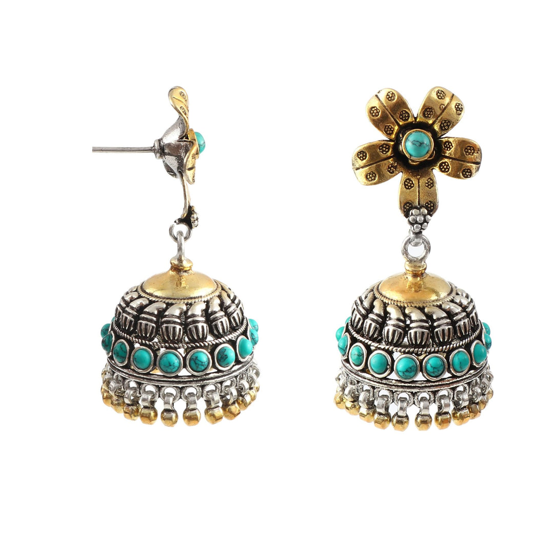 Floral Gold-Plated Silver, Firoza Stud Jhumki