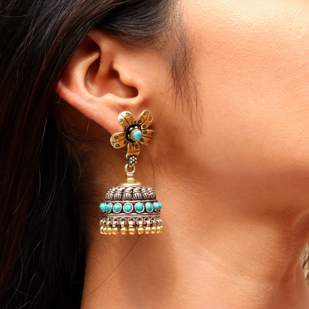 Floral Gold-Plated Silver, Firoza Stud Jhumki