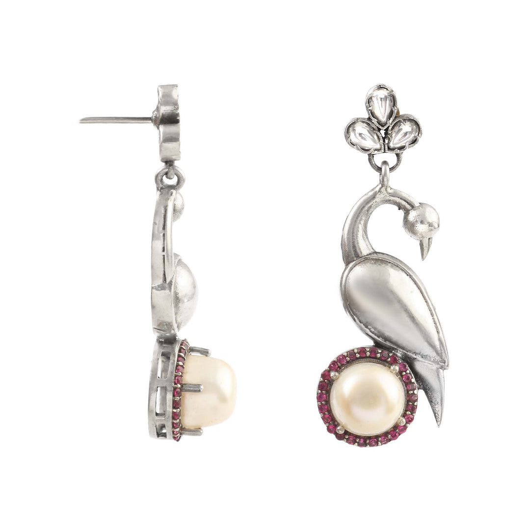 Silver Bird Design & Pearl Stone Stud Earrings