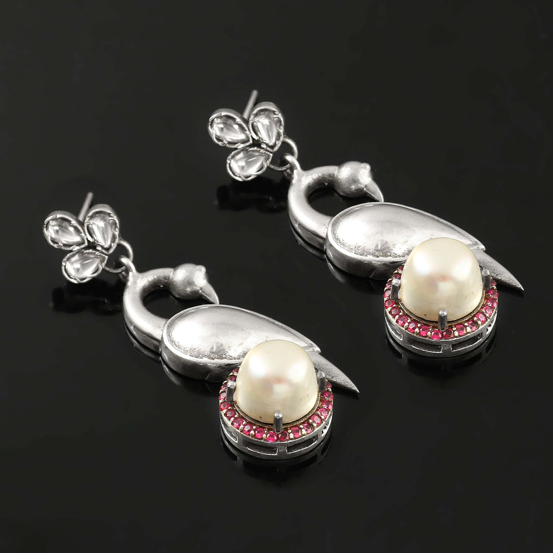 Silver Bird Design & Pearl Stone Stud Earrings