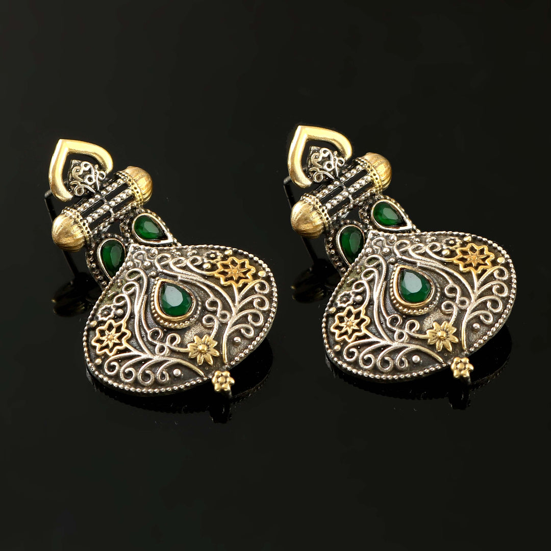 Silver Dual Tone & Green Color Stone Stud Earrings