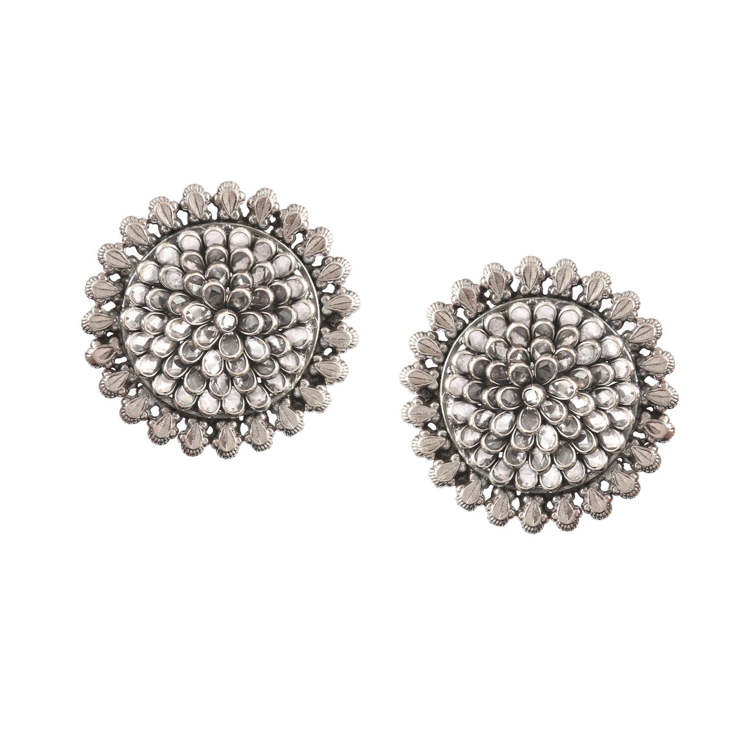 Silver Floral Checker Stud Earrings
