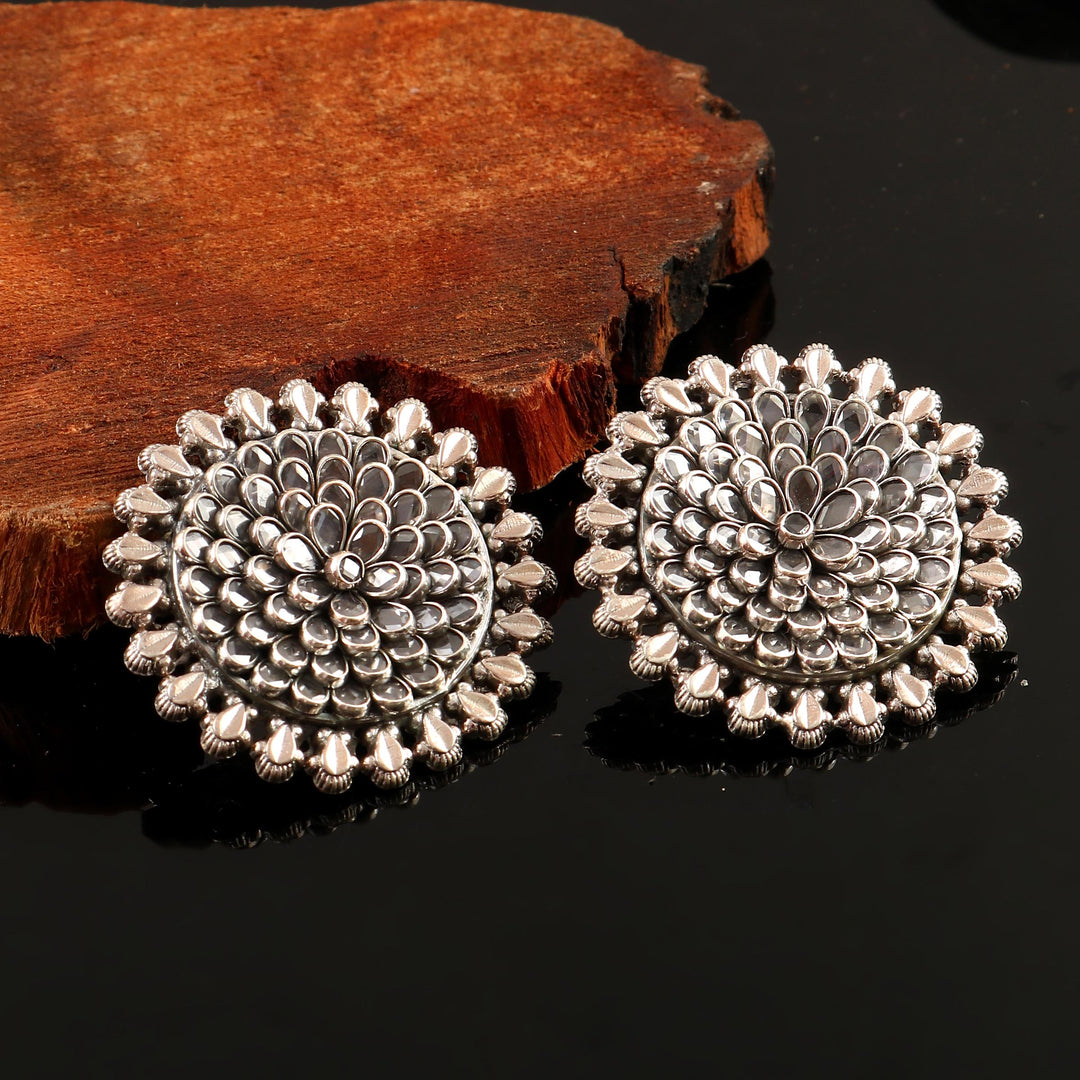 Silver Floral Checker Stud Earrings