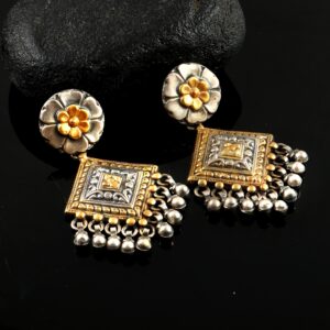Gold Plated Silver, Oxidized Floral Ghungroo Stud Earrings