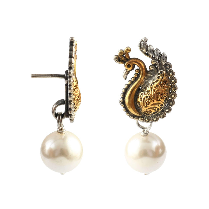 Peacock Gold Plated Silver, Pearl Ear Studs