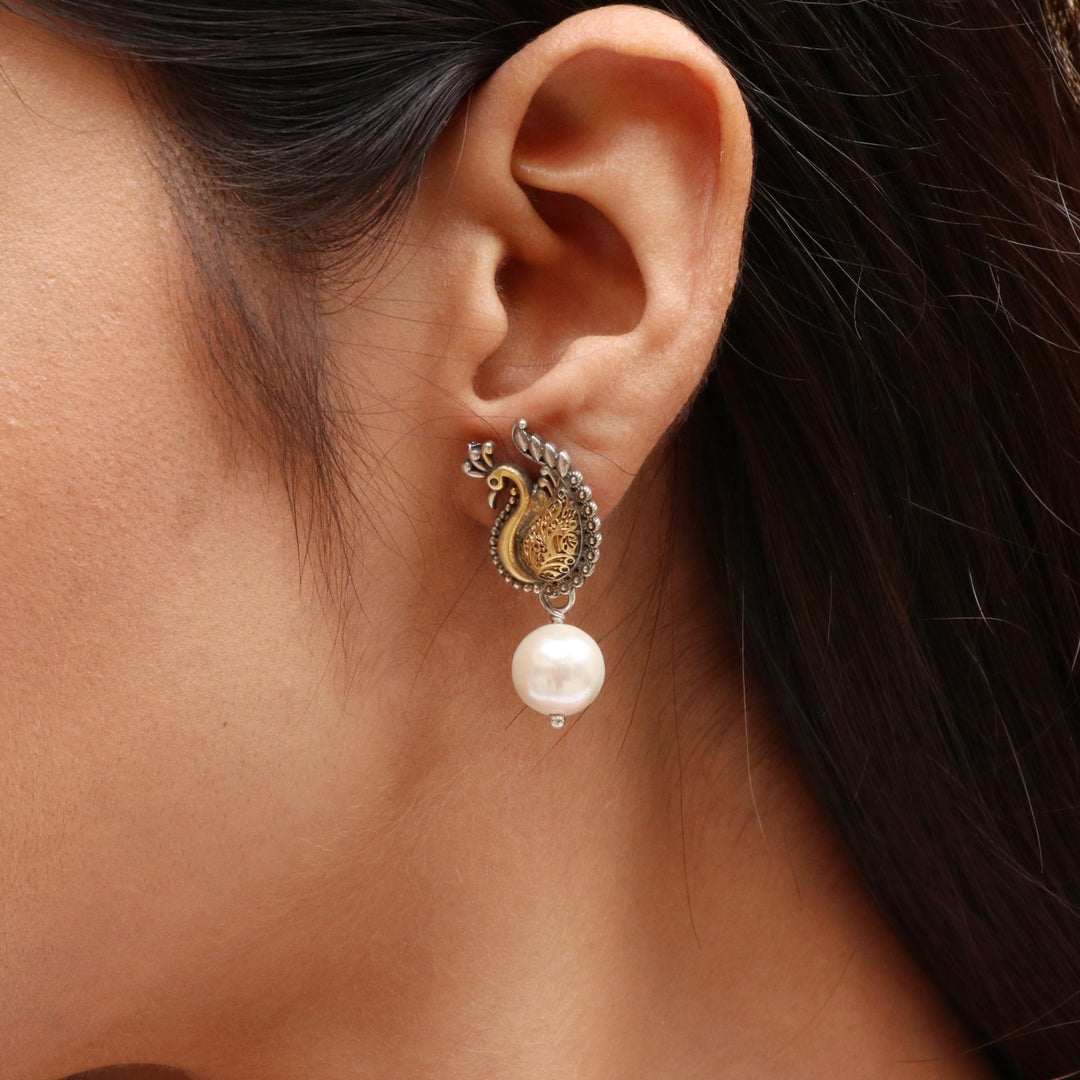 Peacock Gold Plated Silver, Pearl Ear Studs